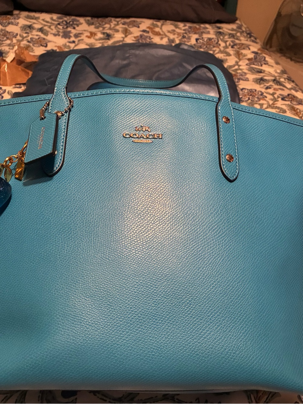 Coach blue Leather Tote with apple charm
